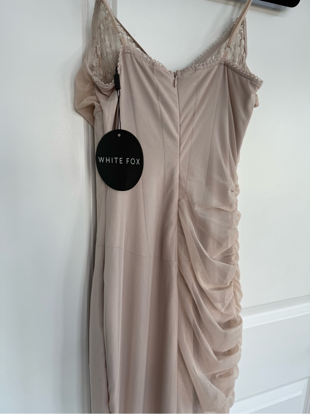 White Fox Boutique Beige Lace-Trim Slit Maxi Dress - Picture 6 of 7